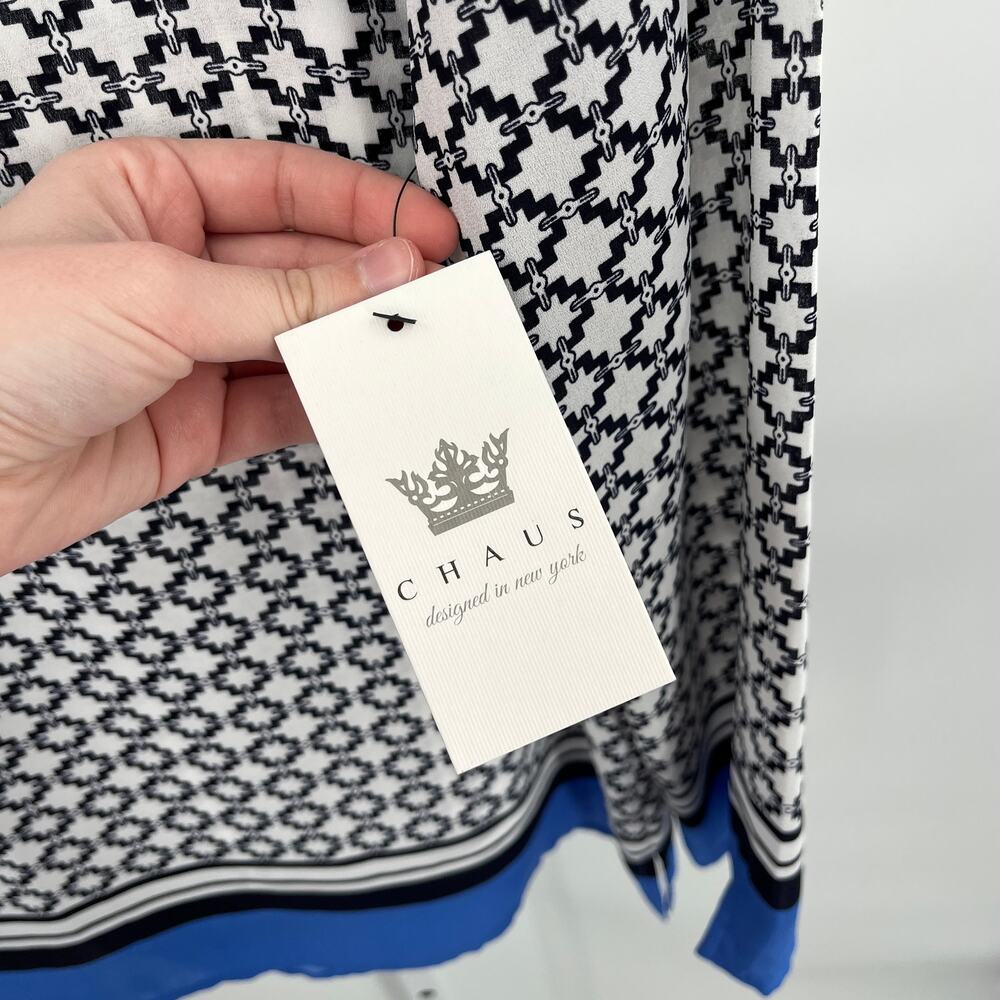 Chaus Navy Blue White Geometric Long Sleeve Solid Border Hem Top Size S NWT - Picture 7 of 9